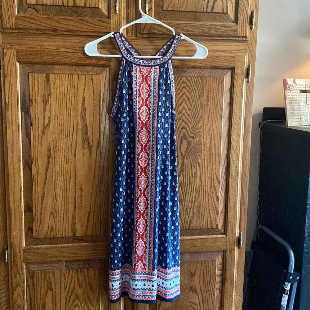 Red whit and blue dress. Super cute back!  Size small